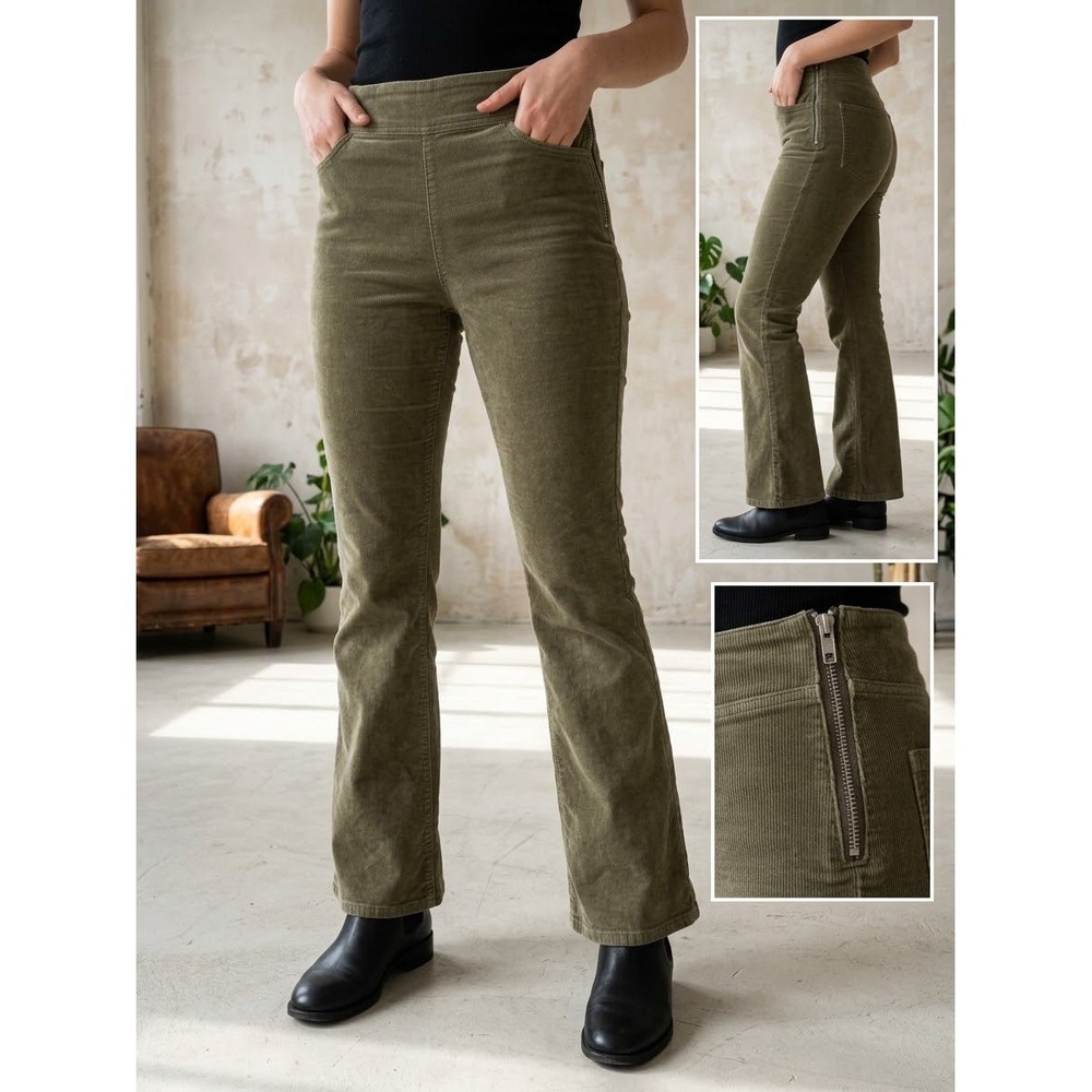 Free People Olive Green Corduroy Flare Pants Size M High Rise Stretch Boho